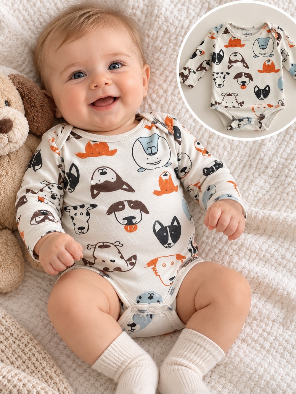 Carter's Long-Sleeve Dog Face One-Piece Bodysuit - Cream/Orange/Blue/Brown/Black